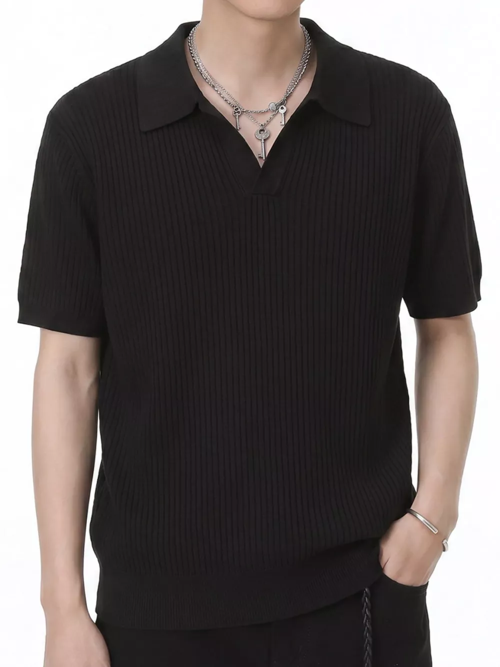 Men's Ribbed Knit Polo Collar Top, image 5