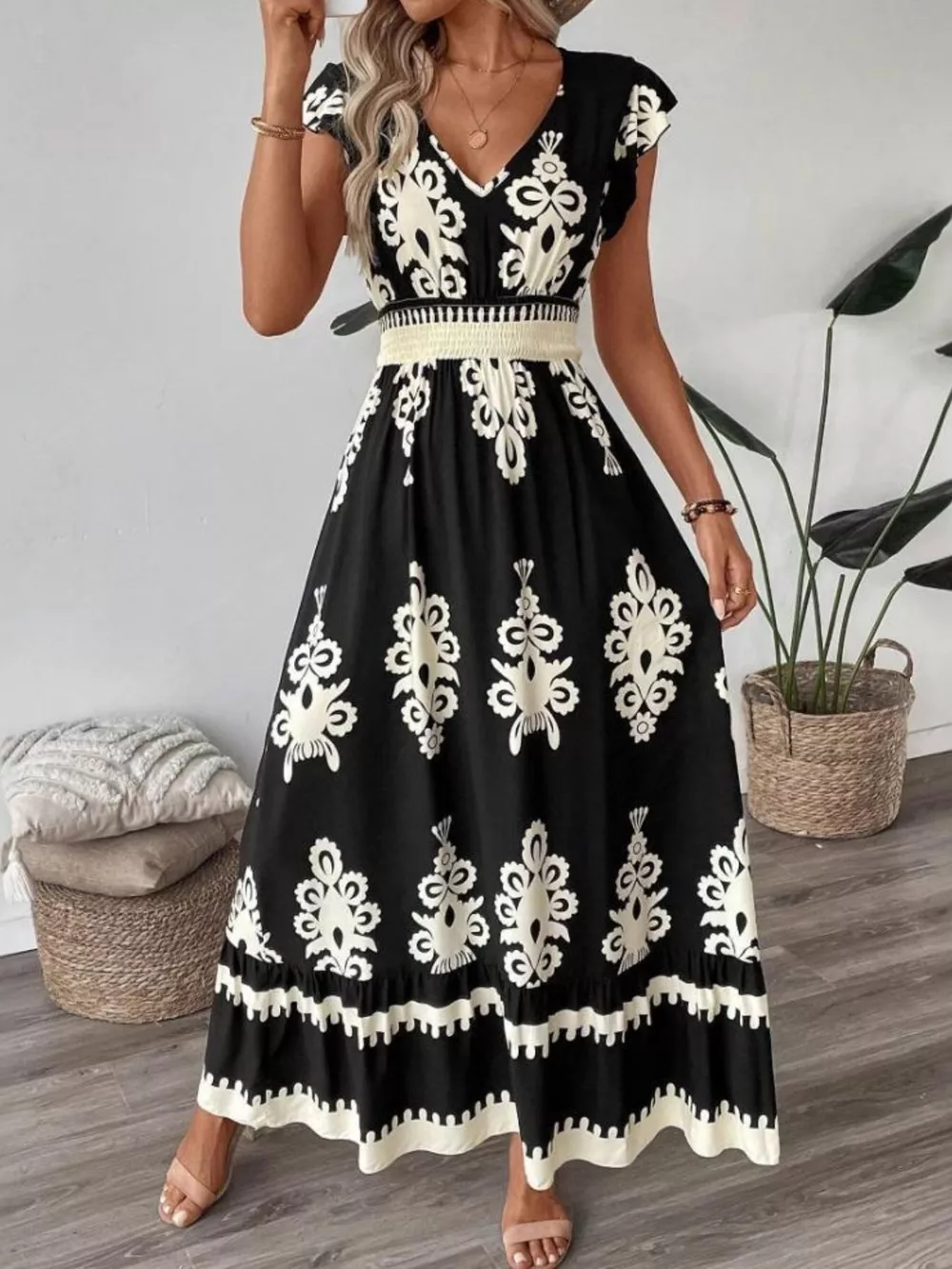 Printed V-Neck Ruffled Cap Sleeve Dress, image 5