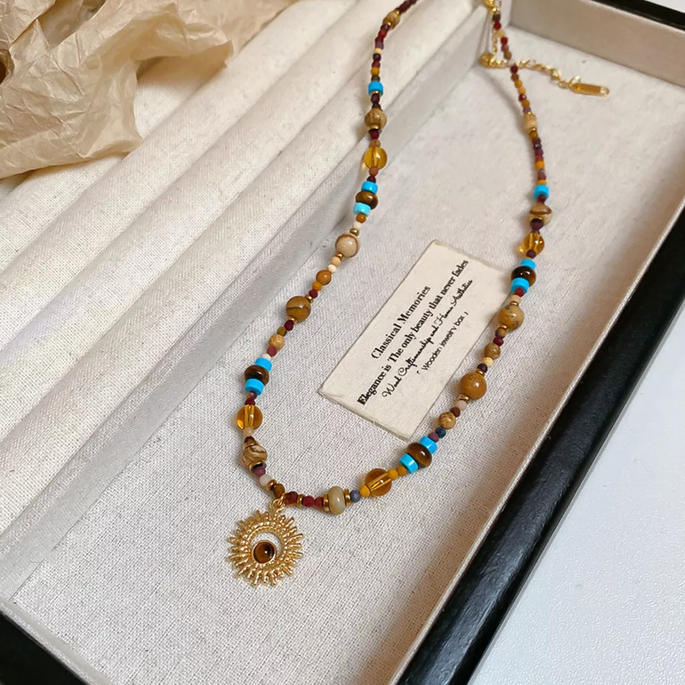 Multi-Color Beaded Sunflower Pendant Necklace, image 4