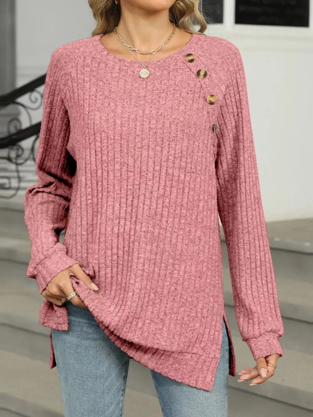 Round Neck Side Slit Ribbed Knit Top with Asymmetric Button Detail, image 25