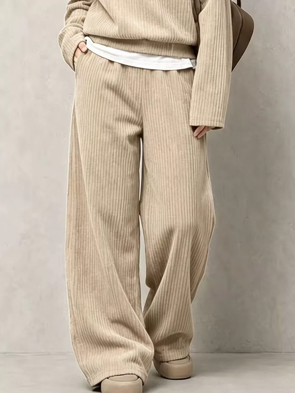 Corduroy Button Detail Top and Wide-Leg Pants Set, image 12