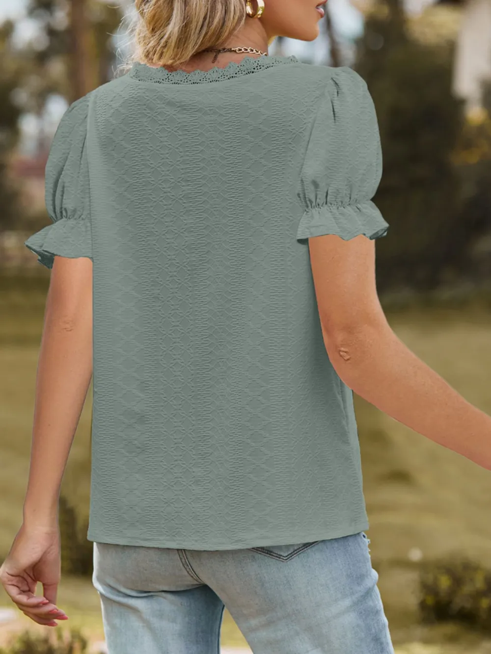 Lace Trim V-Neck Puff Sleeve Blouse, image 18
