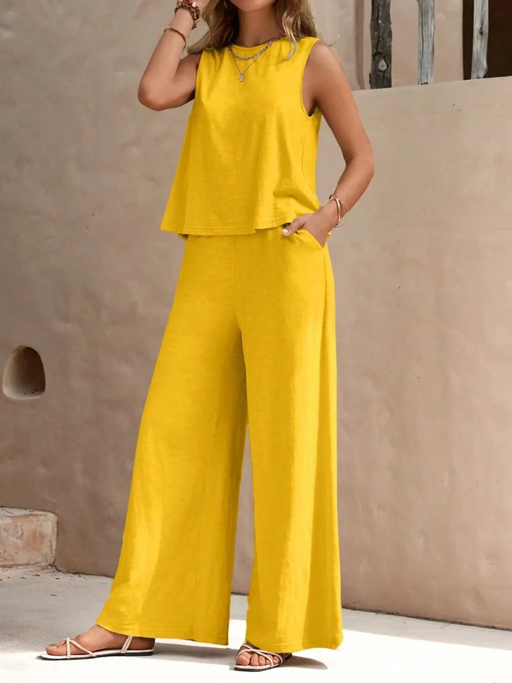 Round Neck Sleeveless Top and Wide Leg Pants Set, image 15