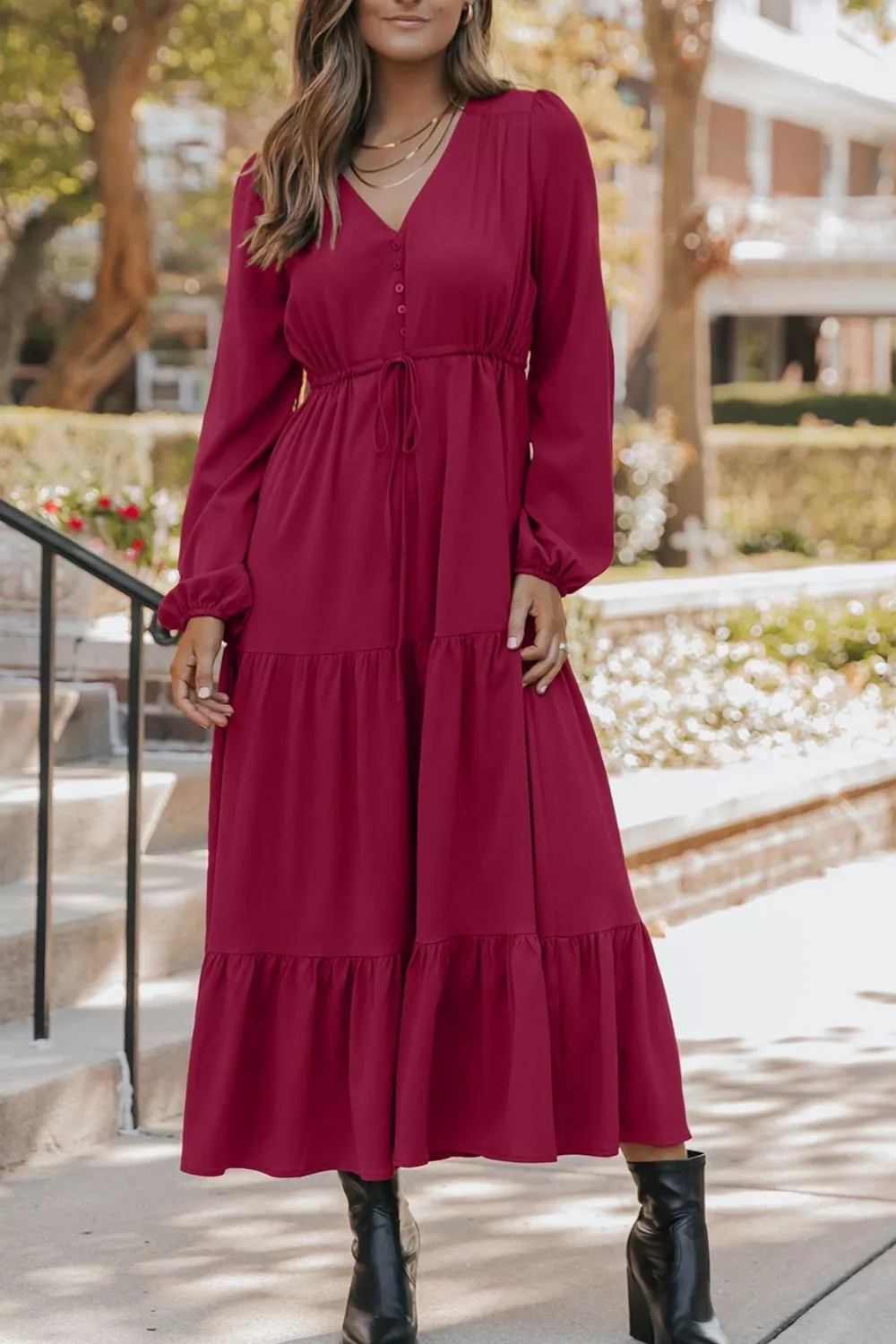Long Sleeve Button V Neck Tiered Dress, image 5