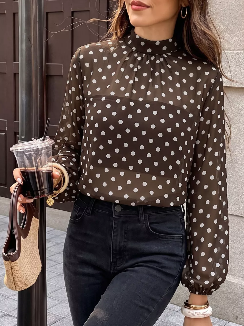 Polka Dot Mock Neck Long Sleeve Blouse, image 5