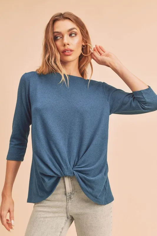 Twist Front Round Neck 3/4 Sleeve T-Shirt, image 2