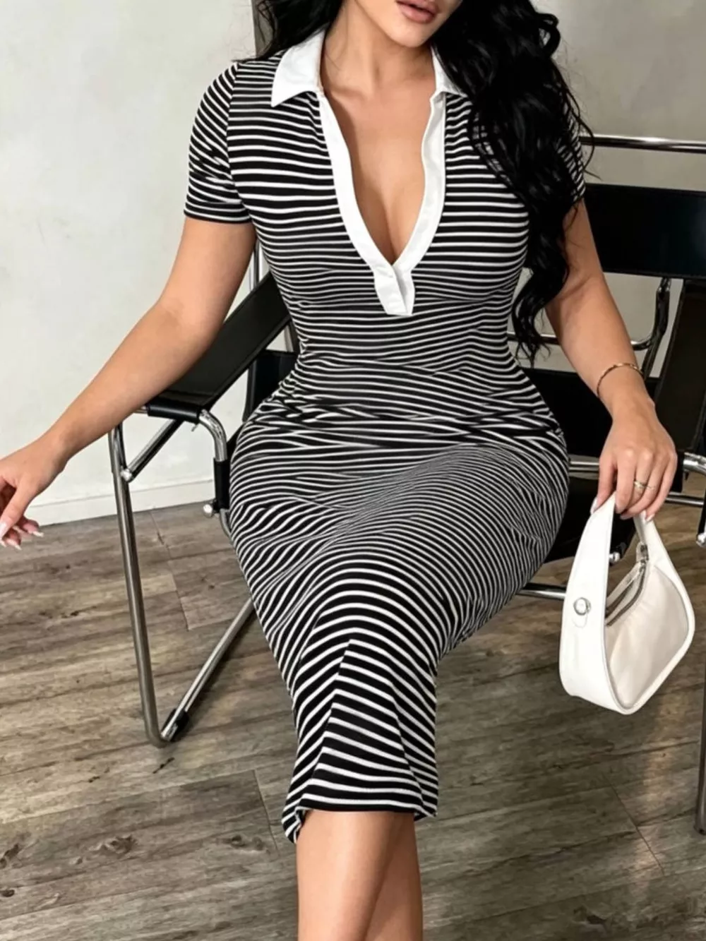 Striped Short Sleeve Bodycon Midi Dress