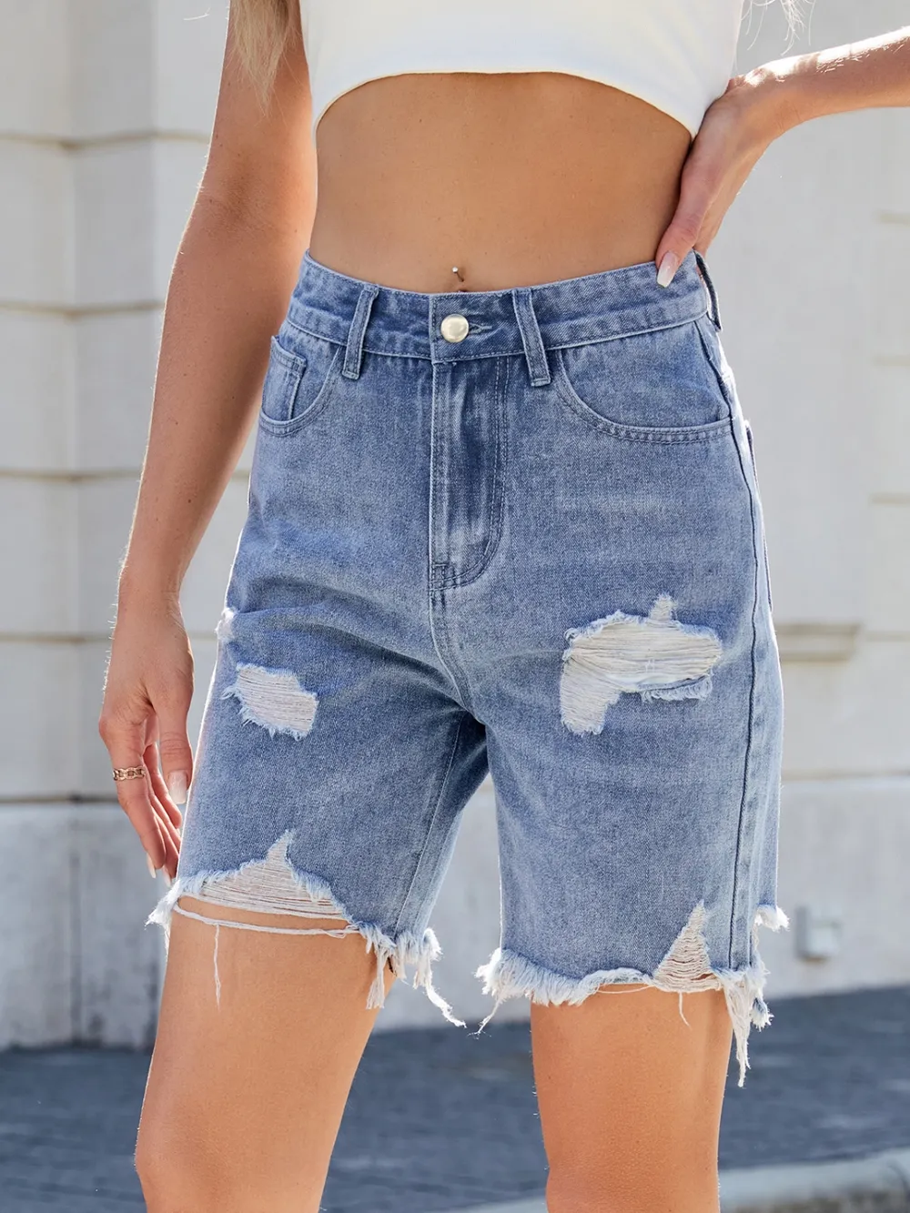 Distressed Raw Hem Denim Shorts, image 11
