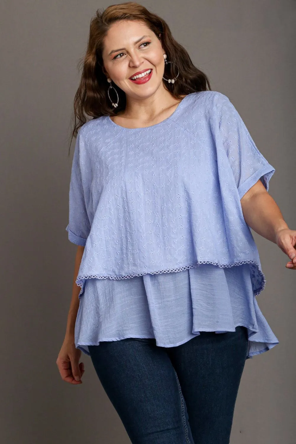 Full Size Eyelet Layered Short Sleeve Blouse Plus Size, image 4