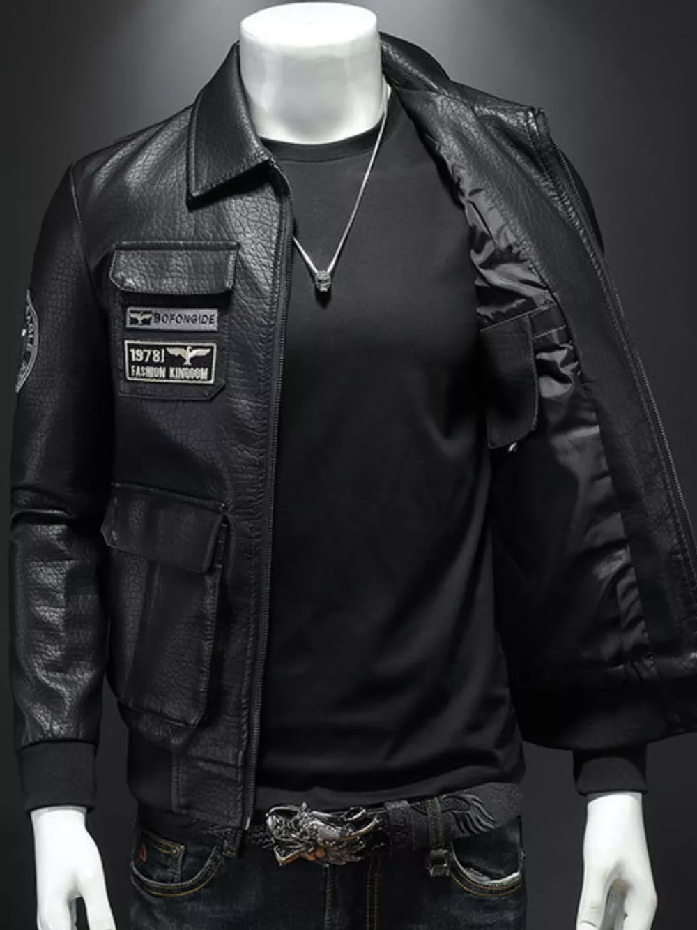 Men's Plus Size Zip Up Leather Bomber Jacket, image 2
