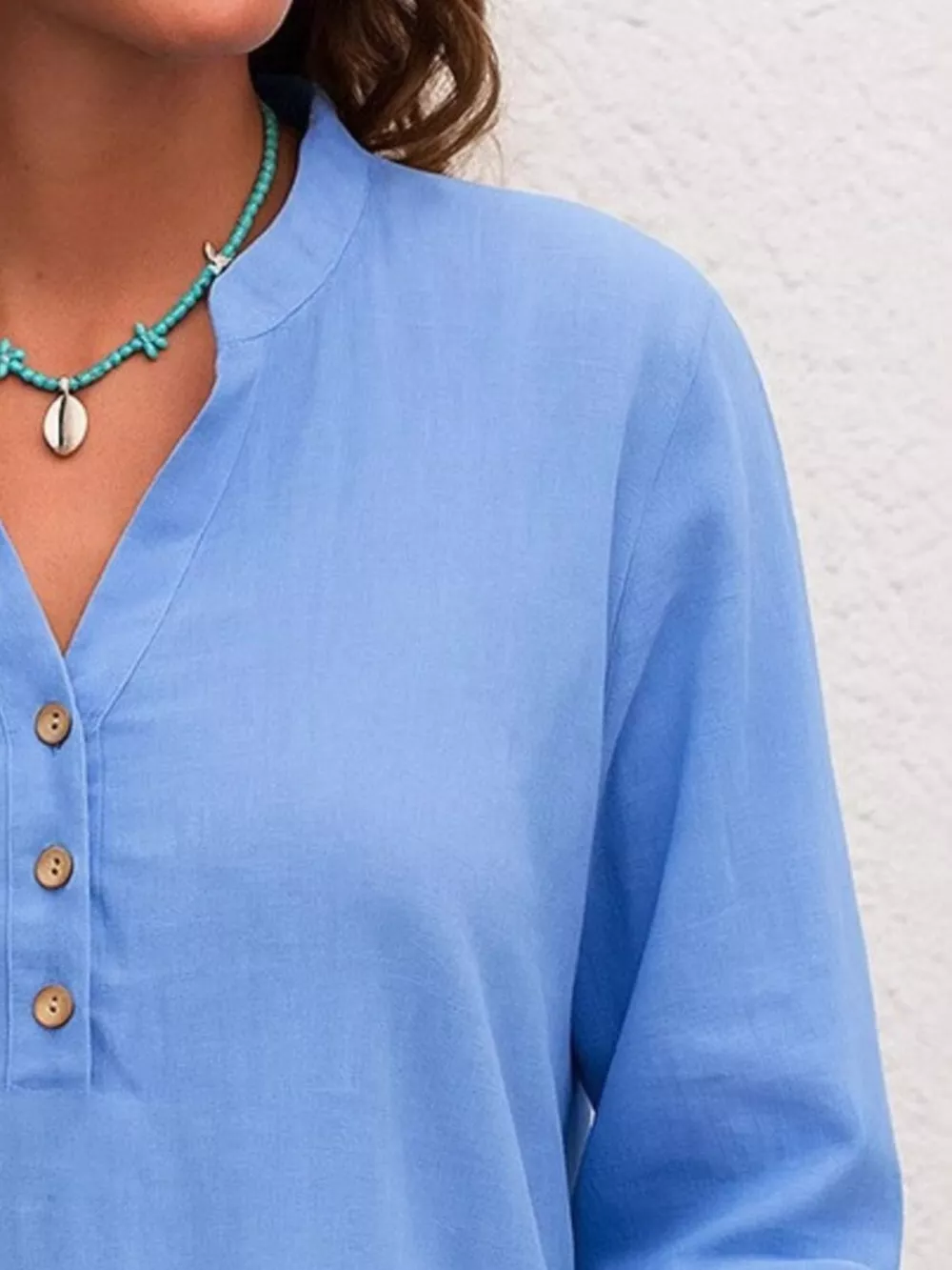 Full Size Button Detail Notched Long Sleeve Blouse Plus Size, image 8