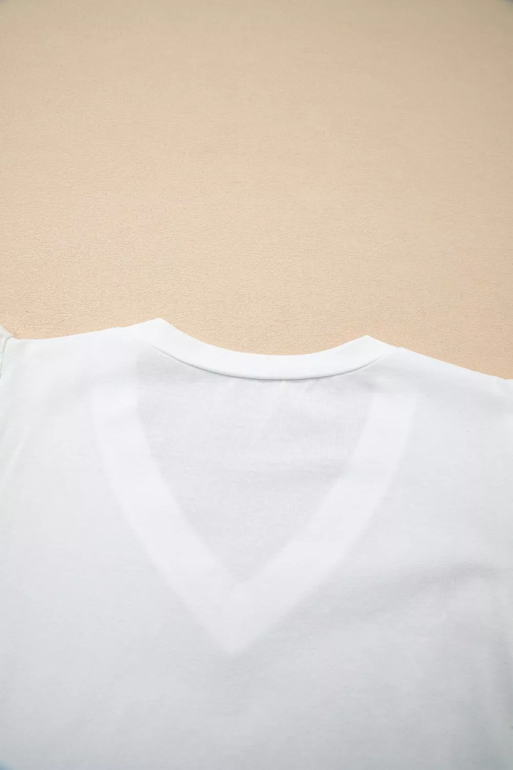 Eyelet Embroidered Flutter Sleeve Patchwork V Neck Tee, image 7