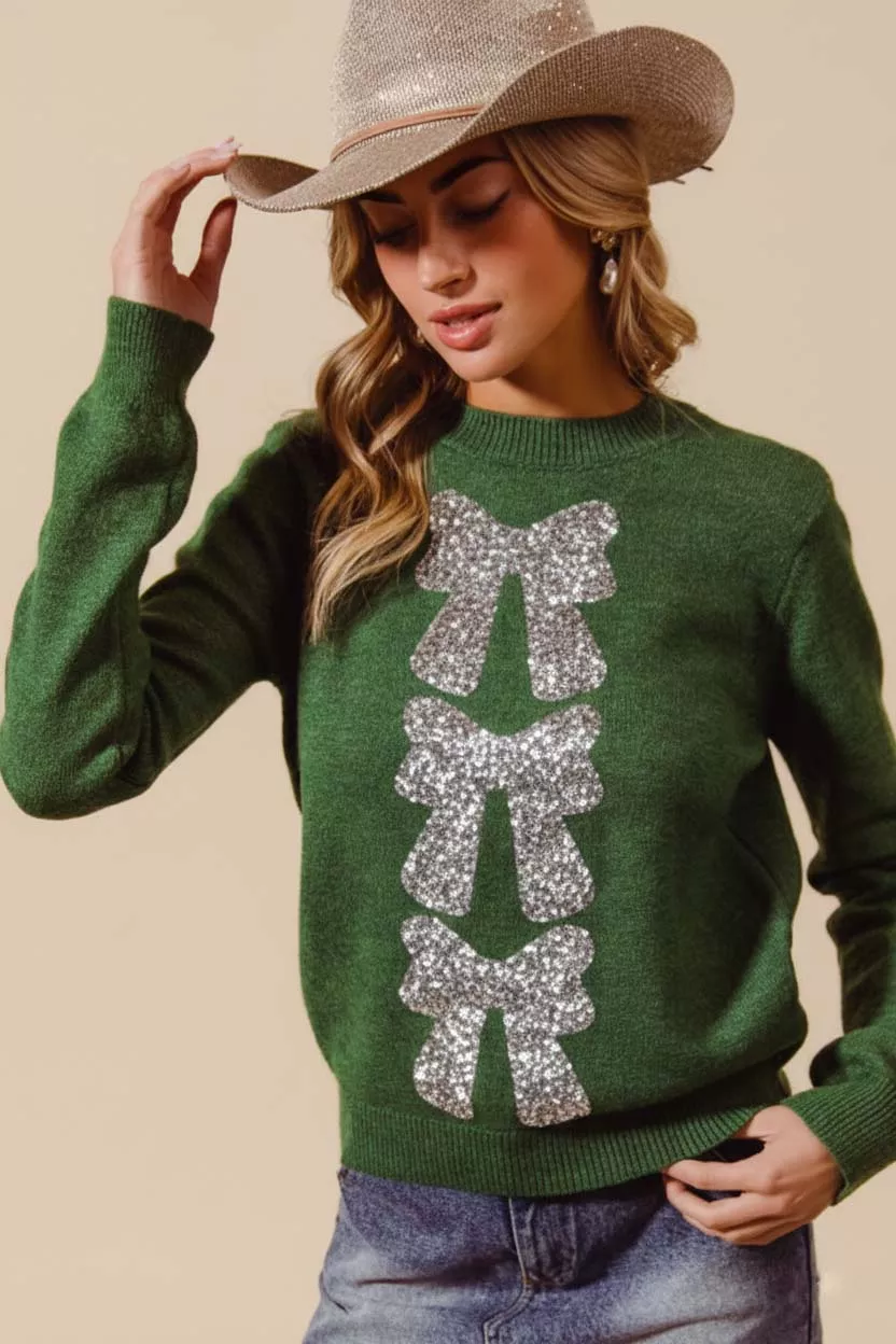 Sequins Bow Ribbon Embellished Christmas Sweater, image 3