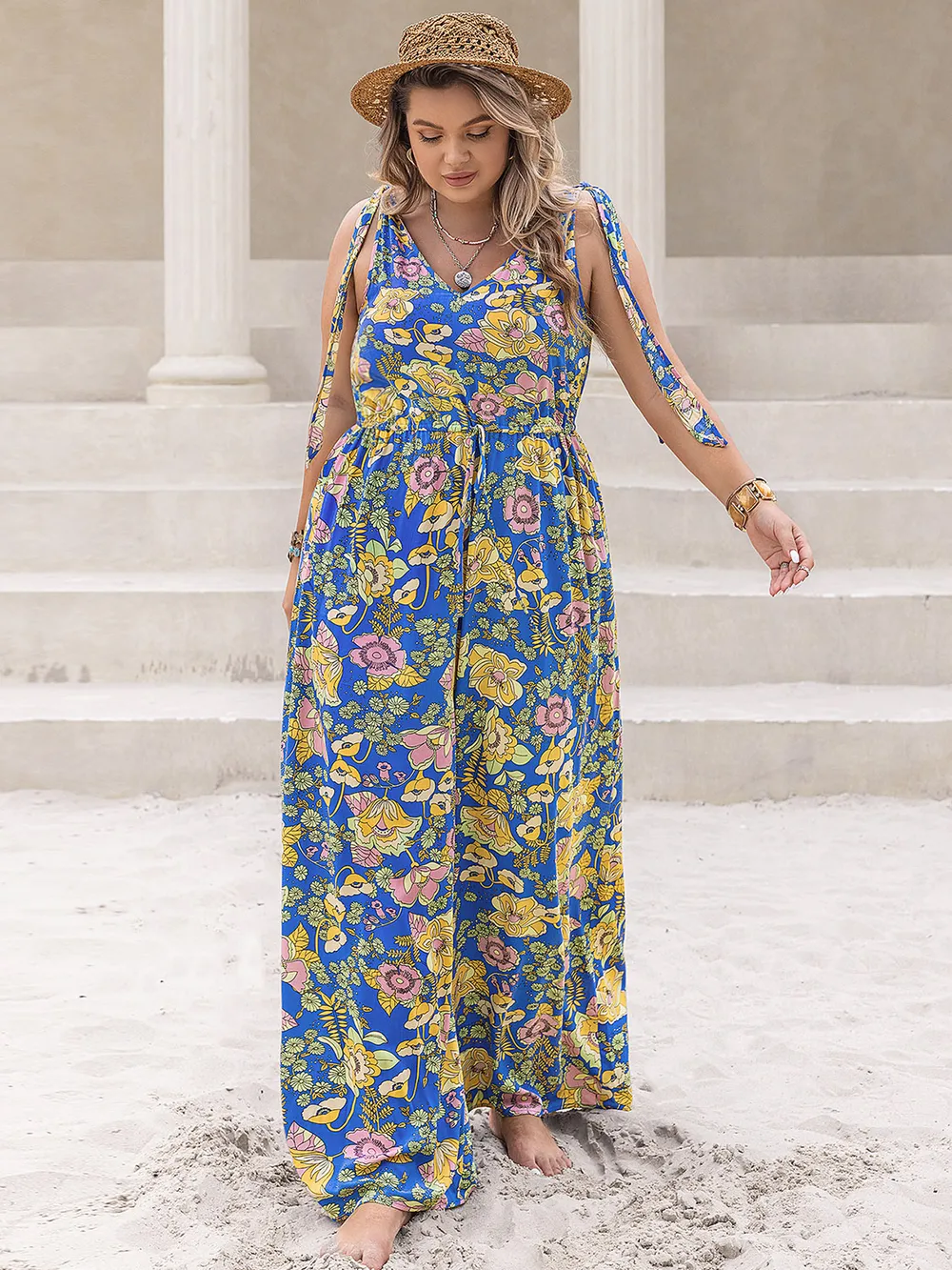 Plus Size Printed V-Neck Wide Leg Jumpsuit, image 6