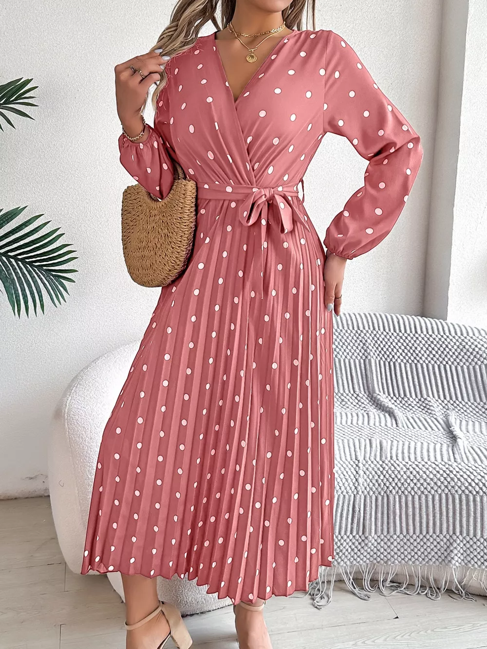 Front Tie Polka Dot Midi Pleated Dress, image 29