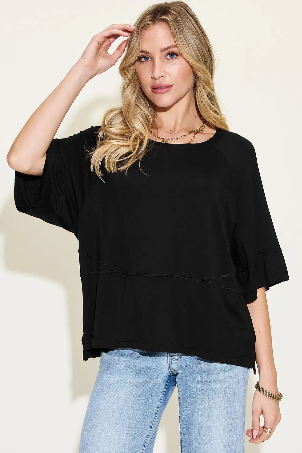 Full Size Bamboo Round Neck Exposed Seam T-Shirt Plus Size, image 6