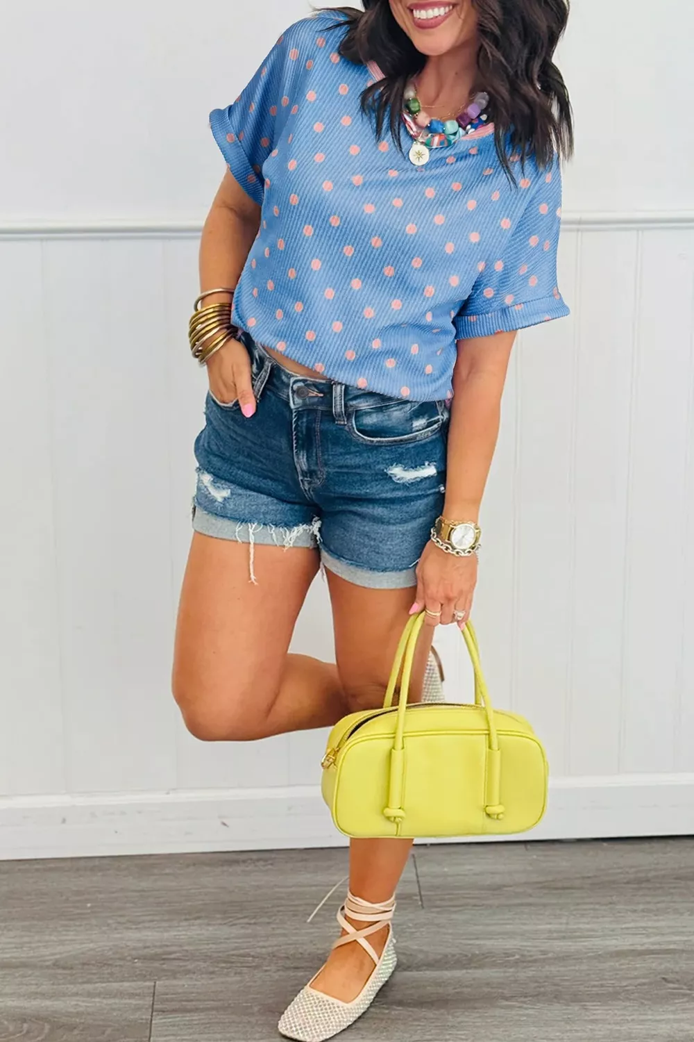 Casual Polka Dot Print Ribbed Knit T-Shirt, image 2