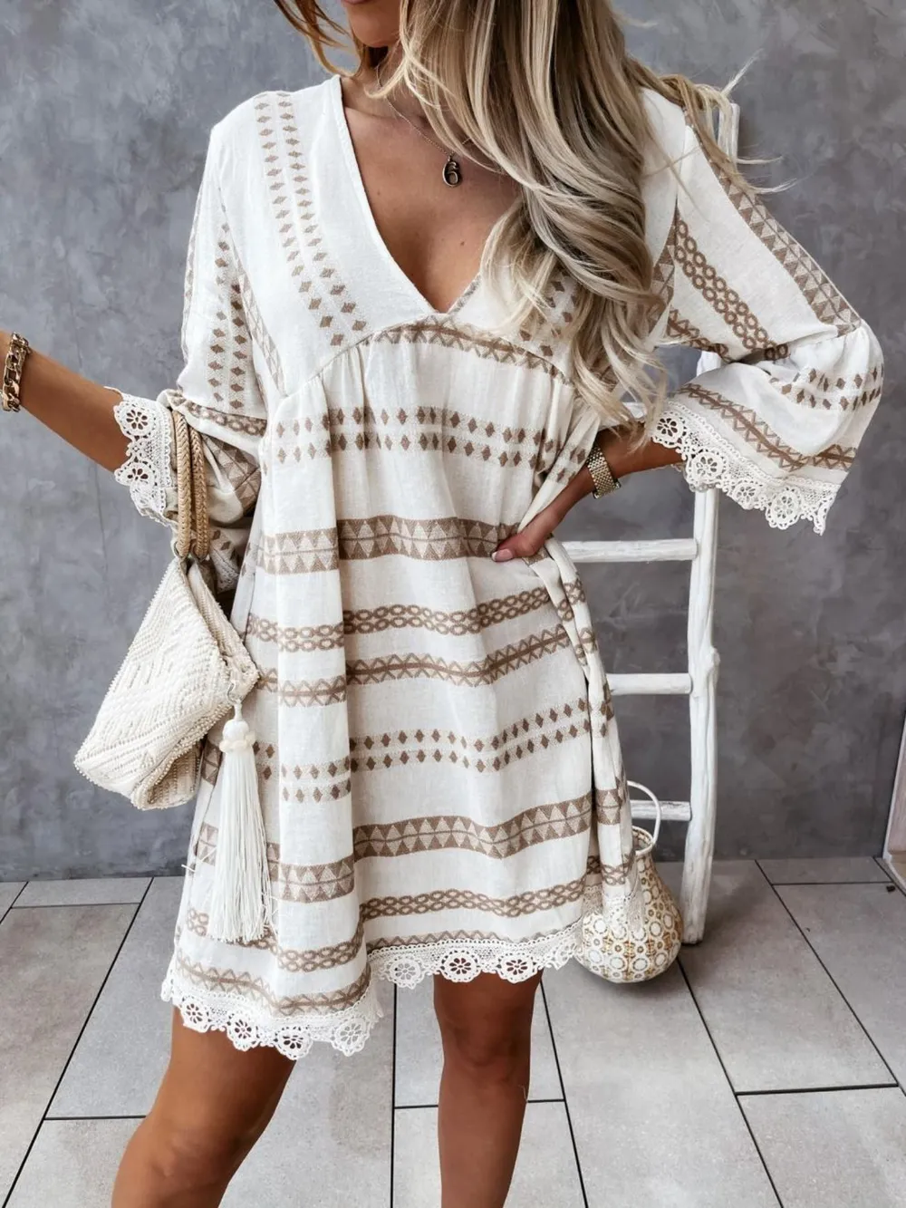 V-Neck Lace Trim Striped Babydoll Dress, image 7