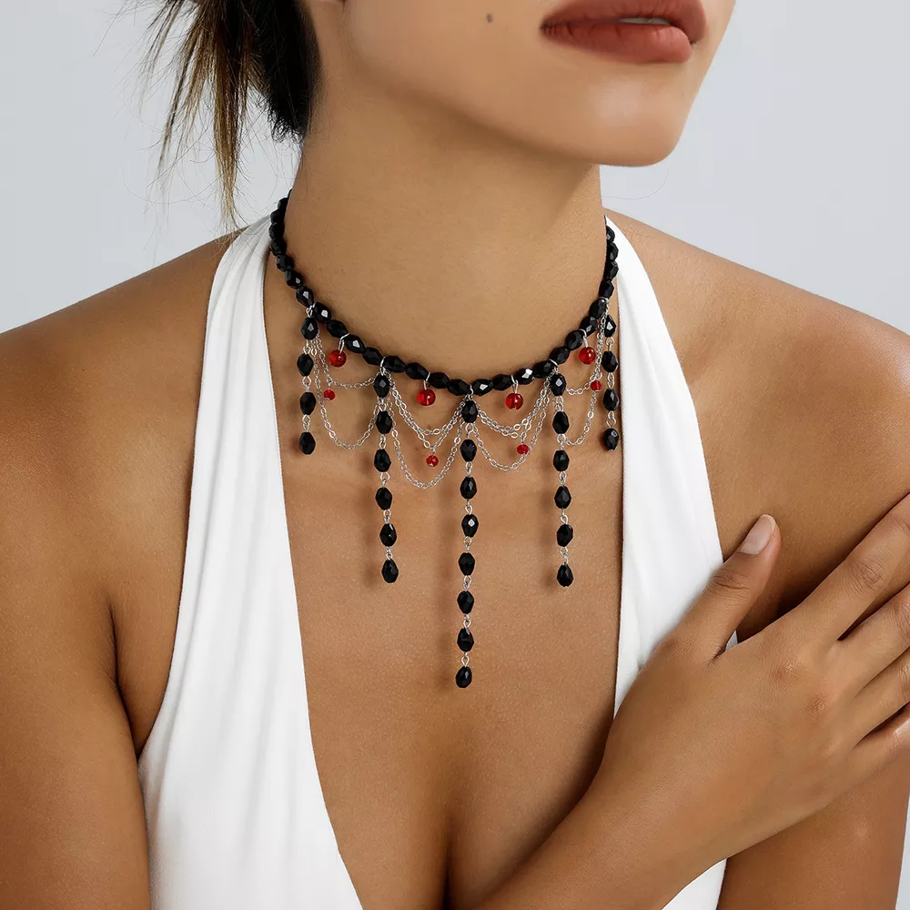 Gothic Beaded Tassel Choker Necklace, image 4