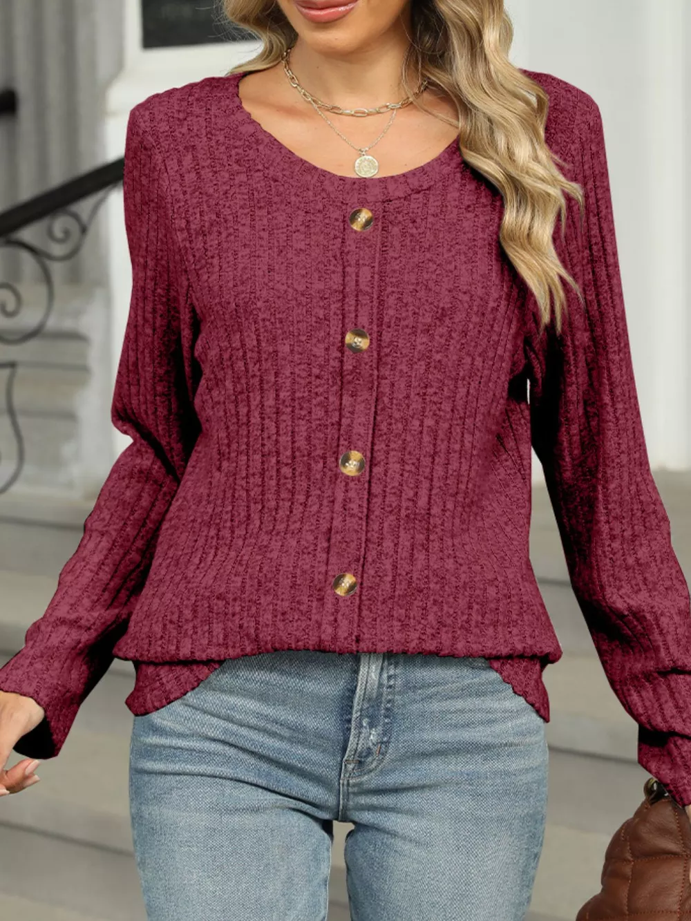 Ribbed Round Neck Long Sleeve Top, image 23