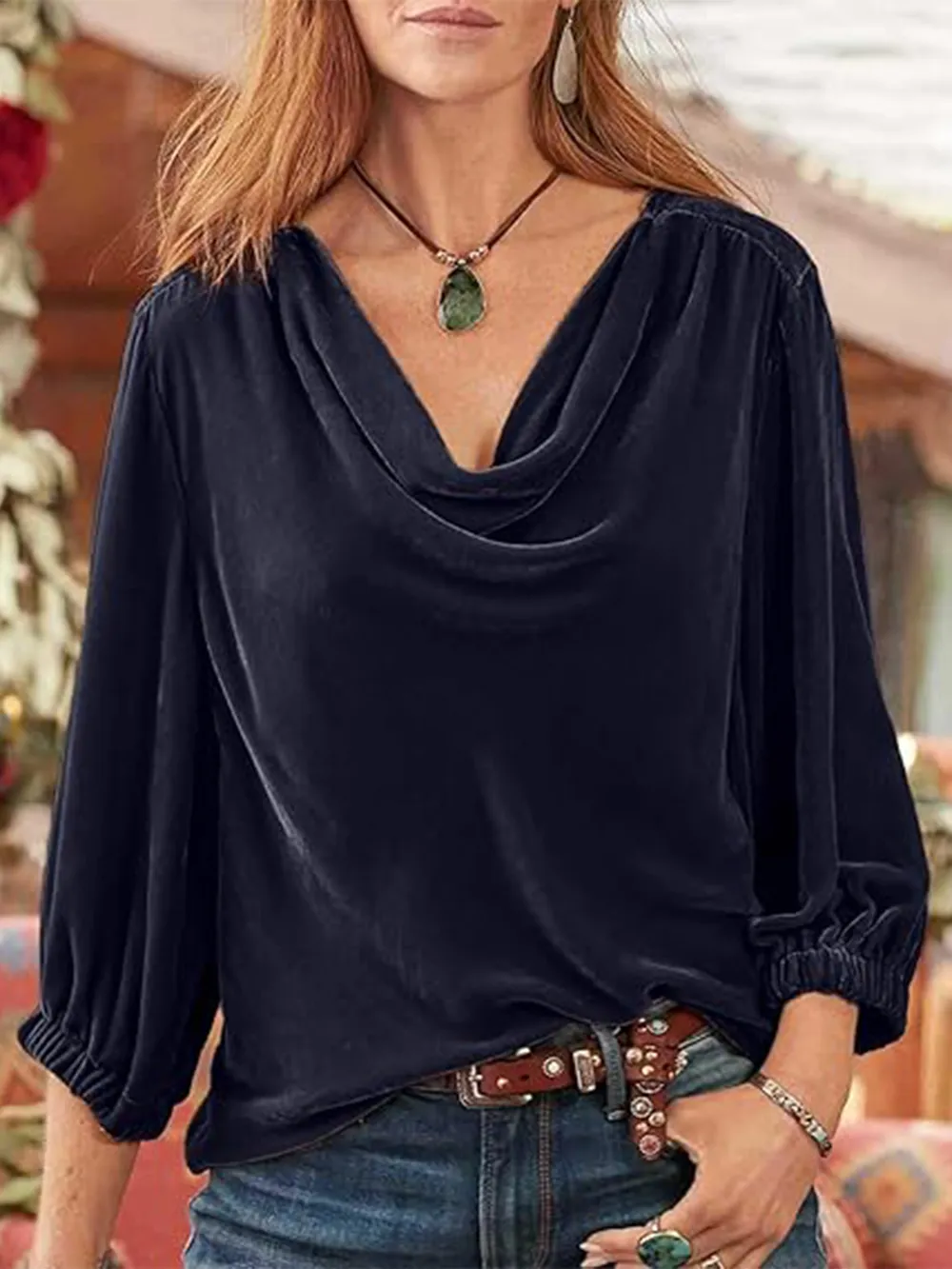 Cowl Neck Three-Quarter Sleeve Top, image 3