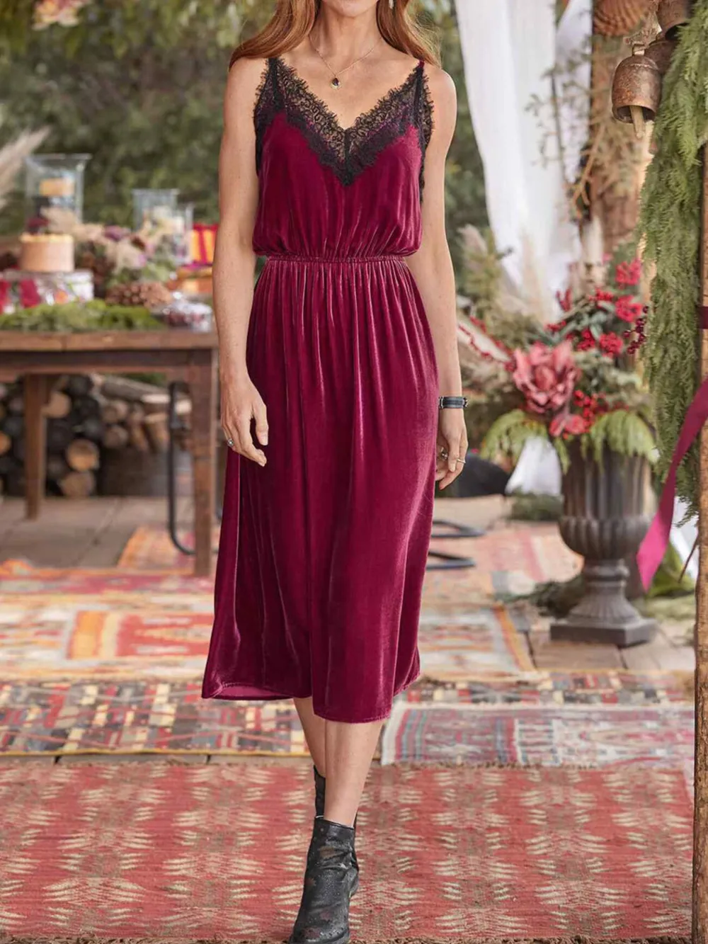 Velvet Cami Lounge Dress with Lace Trim, image 2