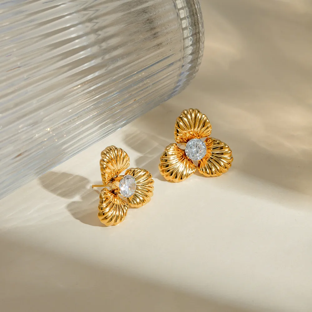 Stainless Steel Zircon Flower Shape Earrings, image 4