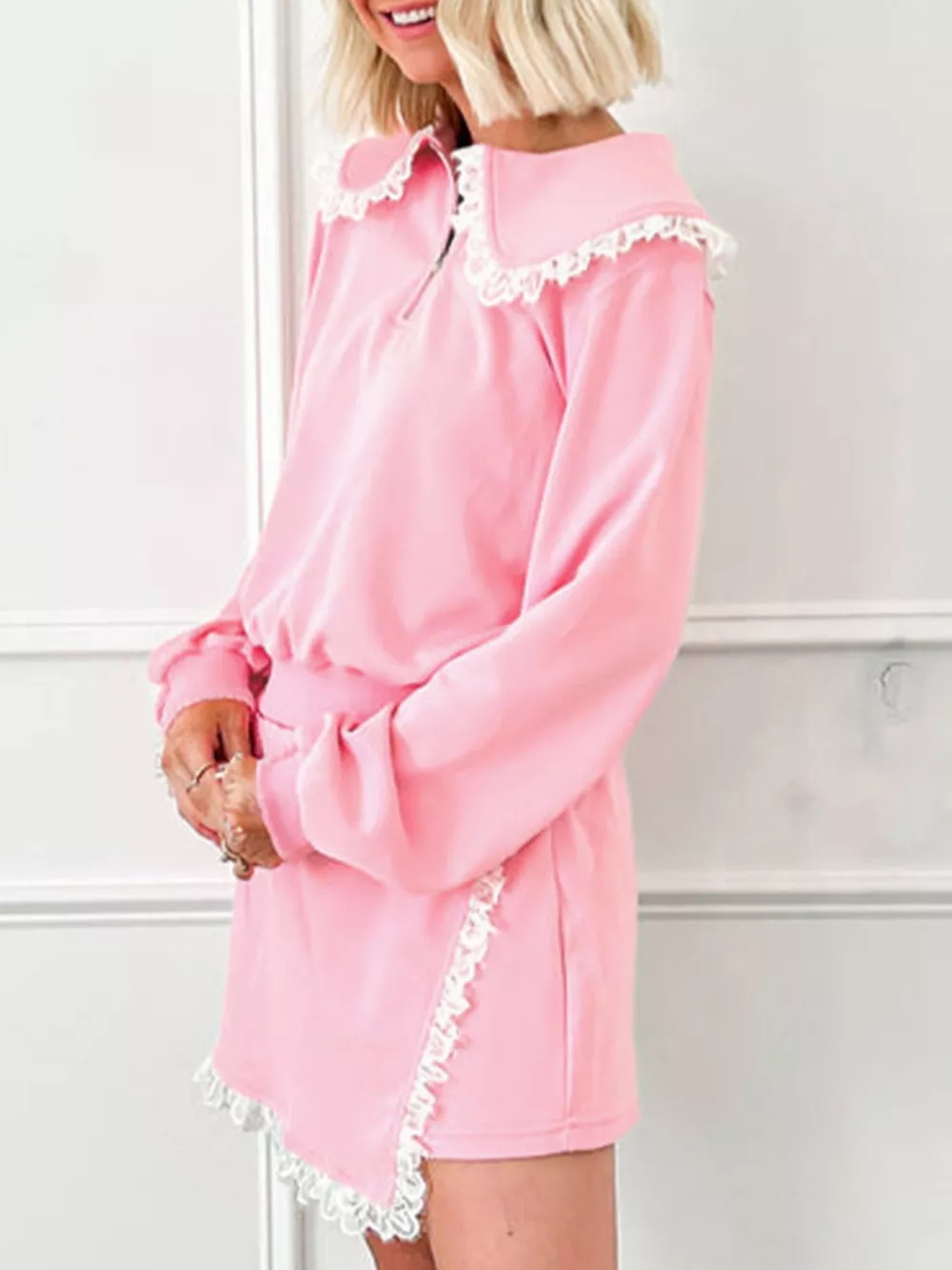 Peter Pan Lace Embellished Neck Sweatshirt and Skirt Two Piece Set, image 4
