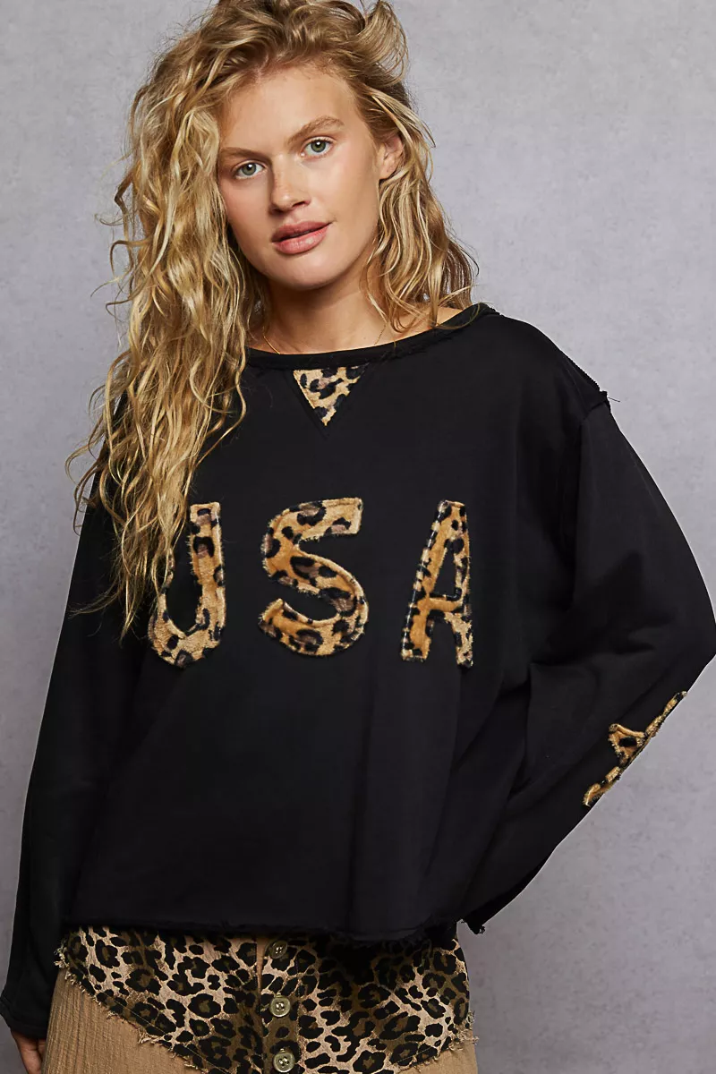 Round Neck Long Sleeve French Terry Sweatshirt with USA Letter Animal Patch, image 5