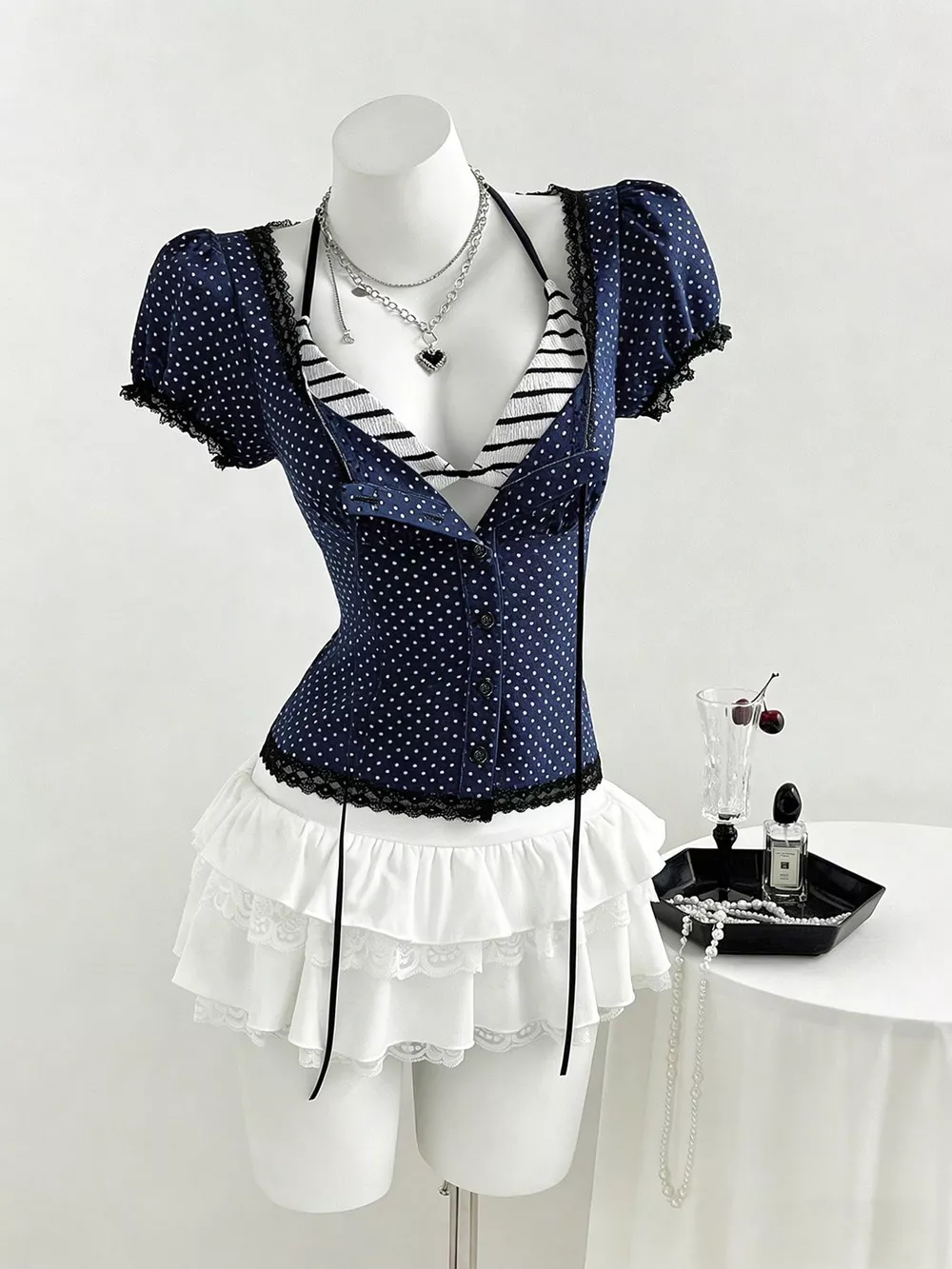 Polka Dot Lace Trim Puff Sleeve Top, image 10