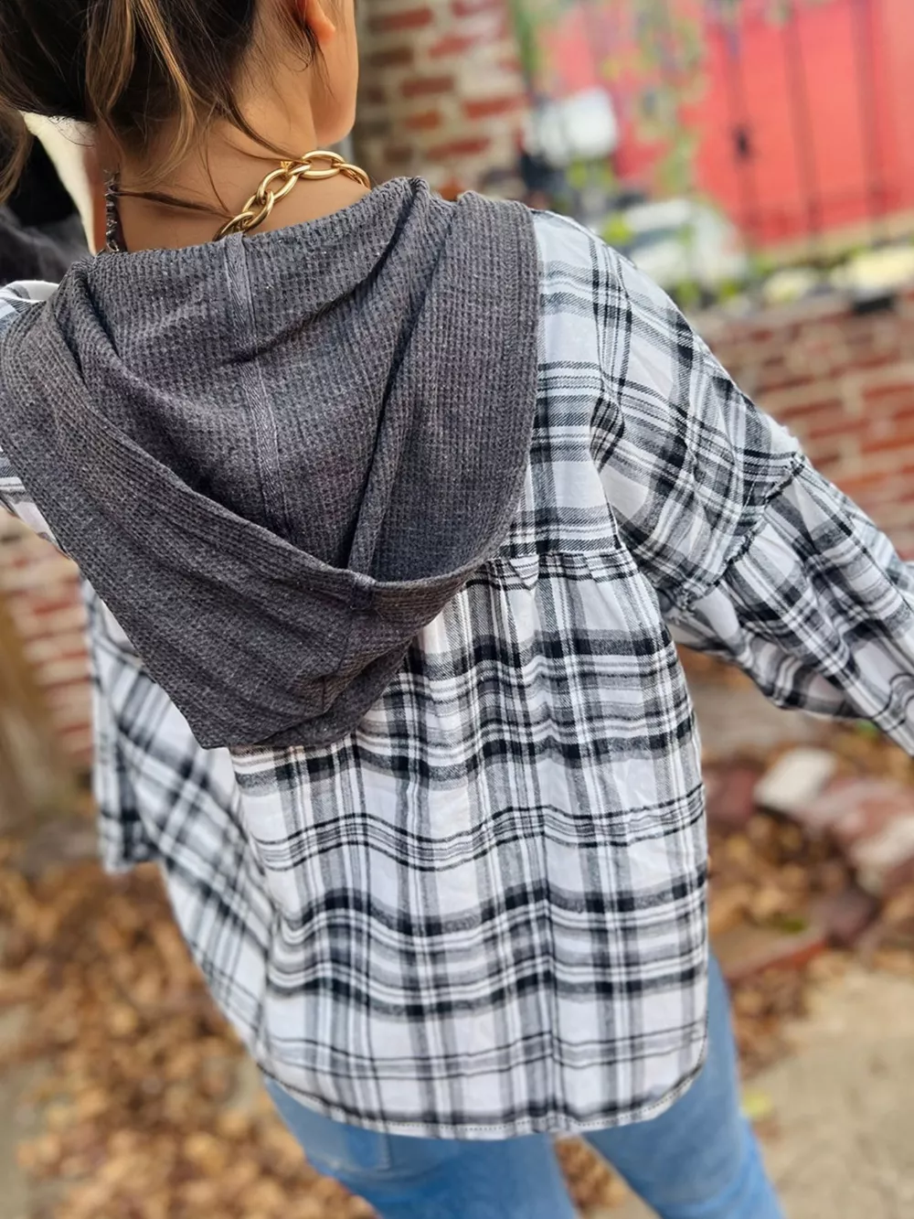 Plaid Long Sleeve Hooded Top, image 3