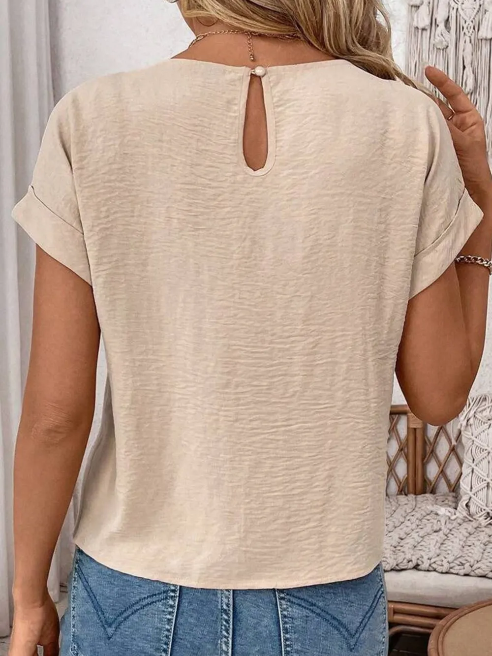 Solid Color Knotted Hem Short Sleeve Blouse, image 3