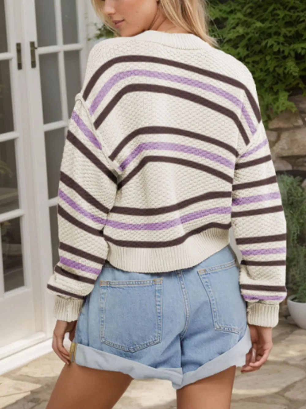 Striped Button-Up Cropped Cardigan with Relaxed Fit, image 4