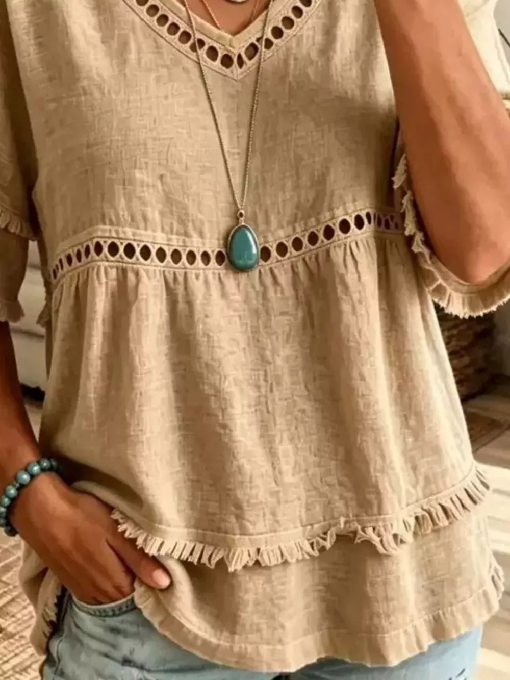 Eyelet V-Neck Frayed Edge T-Shirt, image 9