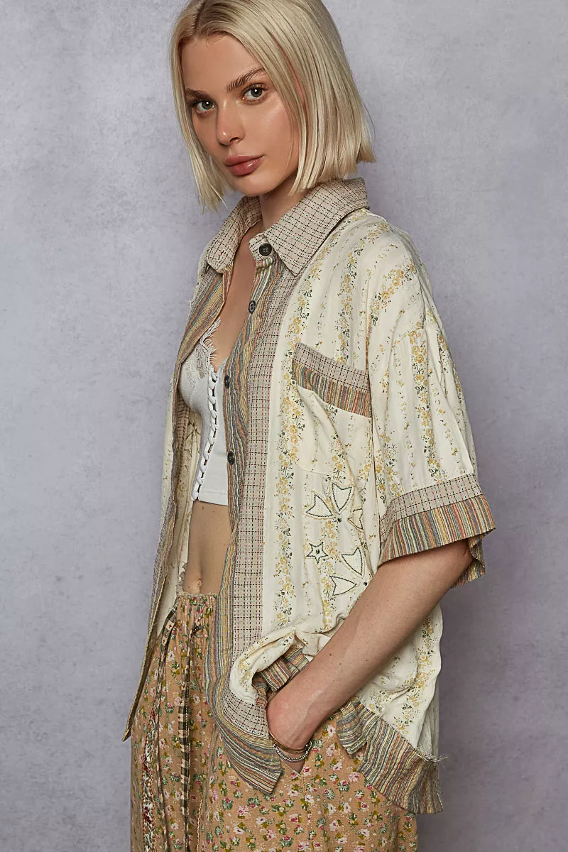 Printed Button Down Patchwork Short Sleeve Shirt, image 4