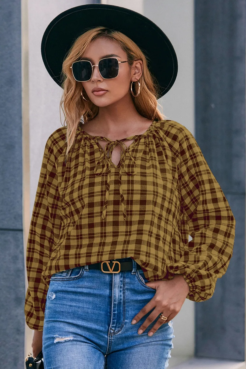 Plaid Tie Neck Balloon Sleeve Blouse, image 5