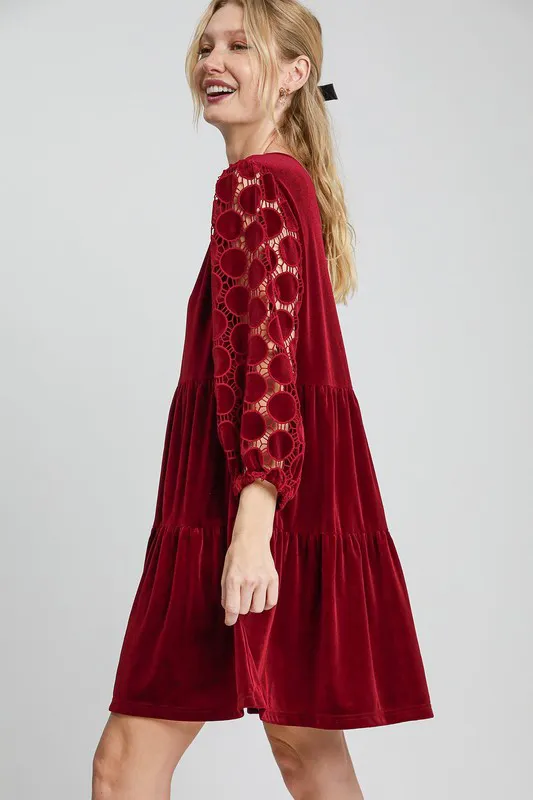 Dotted Lace Sleeve Tiered Velvet Mini Dress, image 3