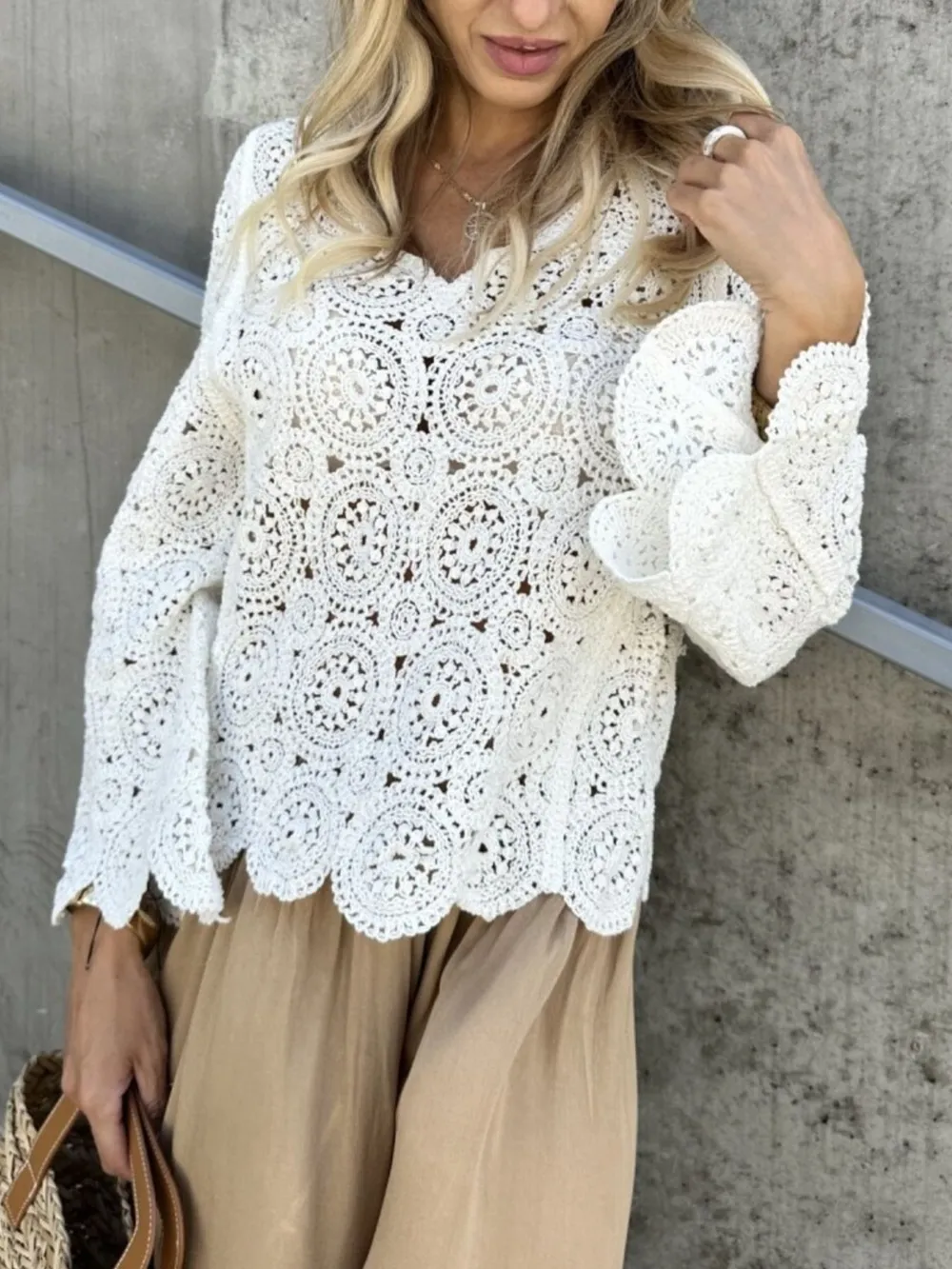 Crochet Lace V-Neck Bell Sleeve Knit Top, image 16
