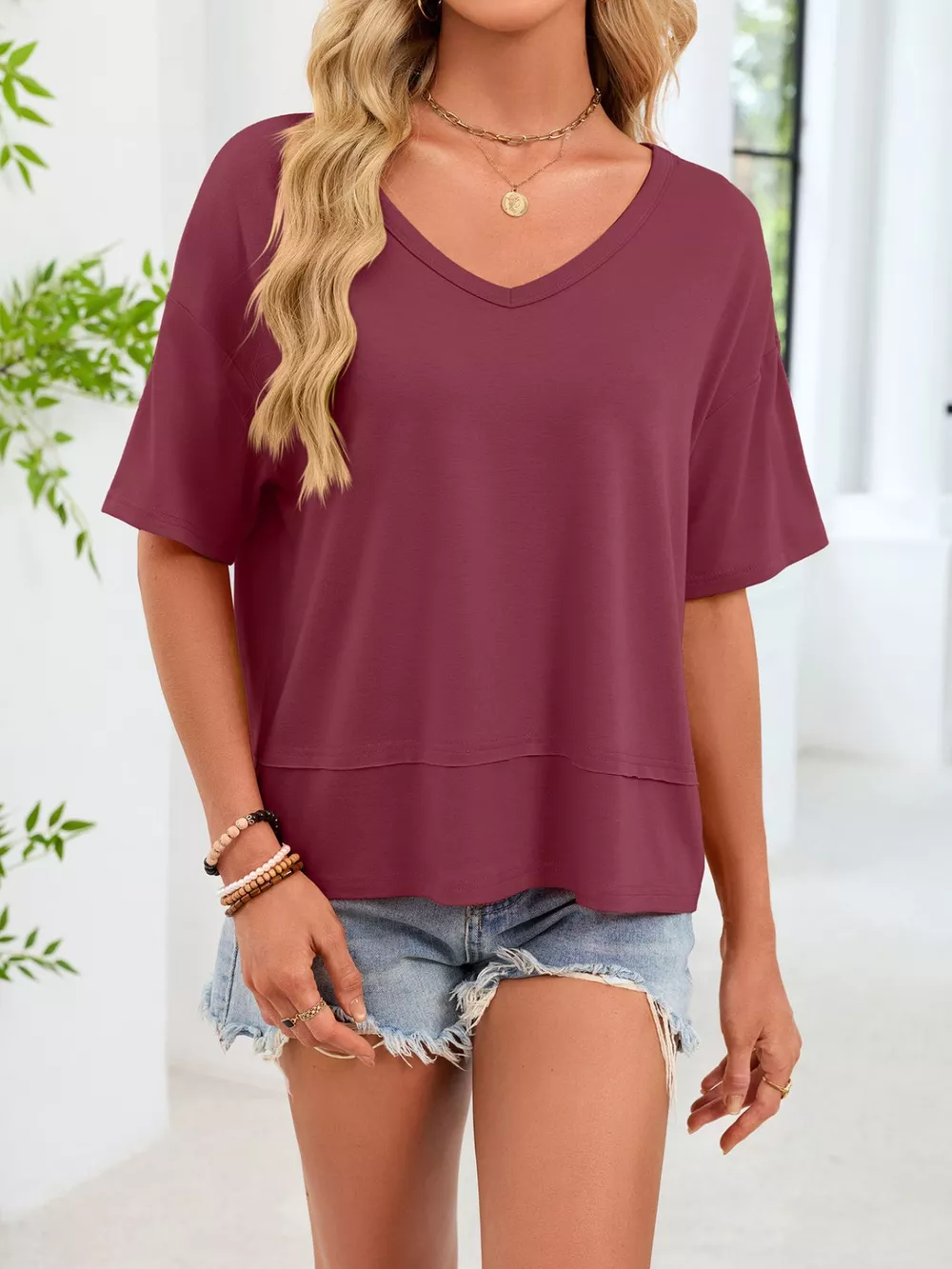 V-Neck Relaxed Fit Solid Color T-Shirt, image 25