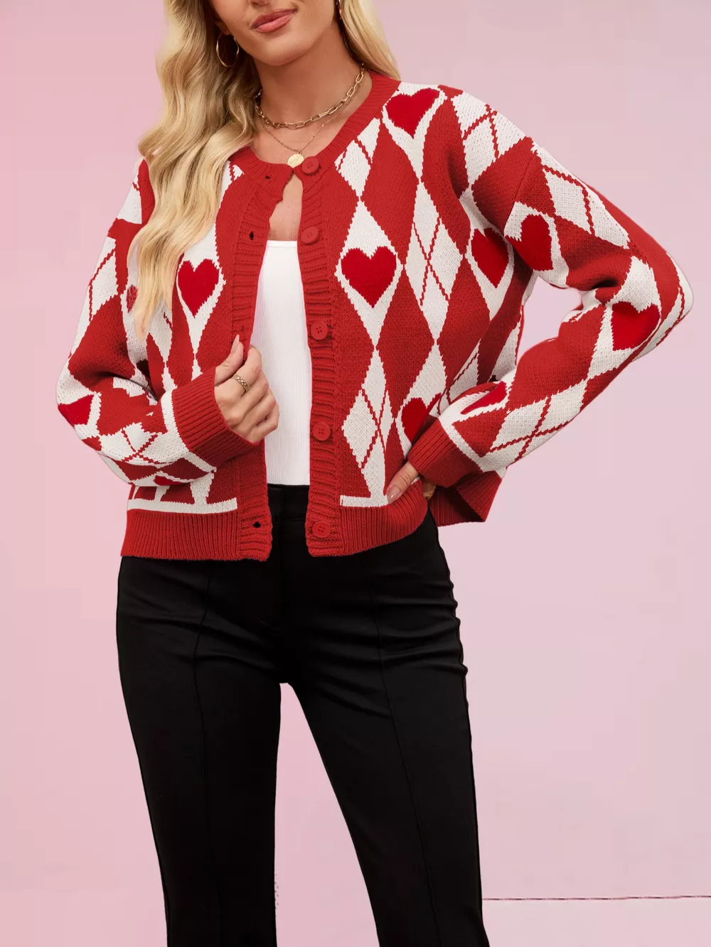 Heart Pattern Button-Up Cardigan, image 9