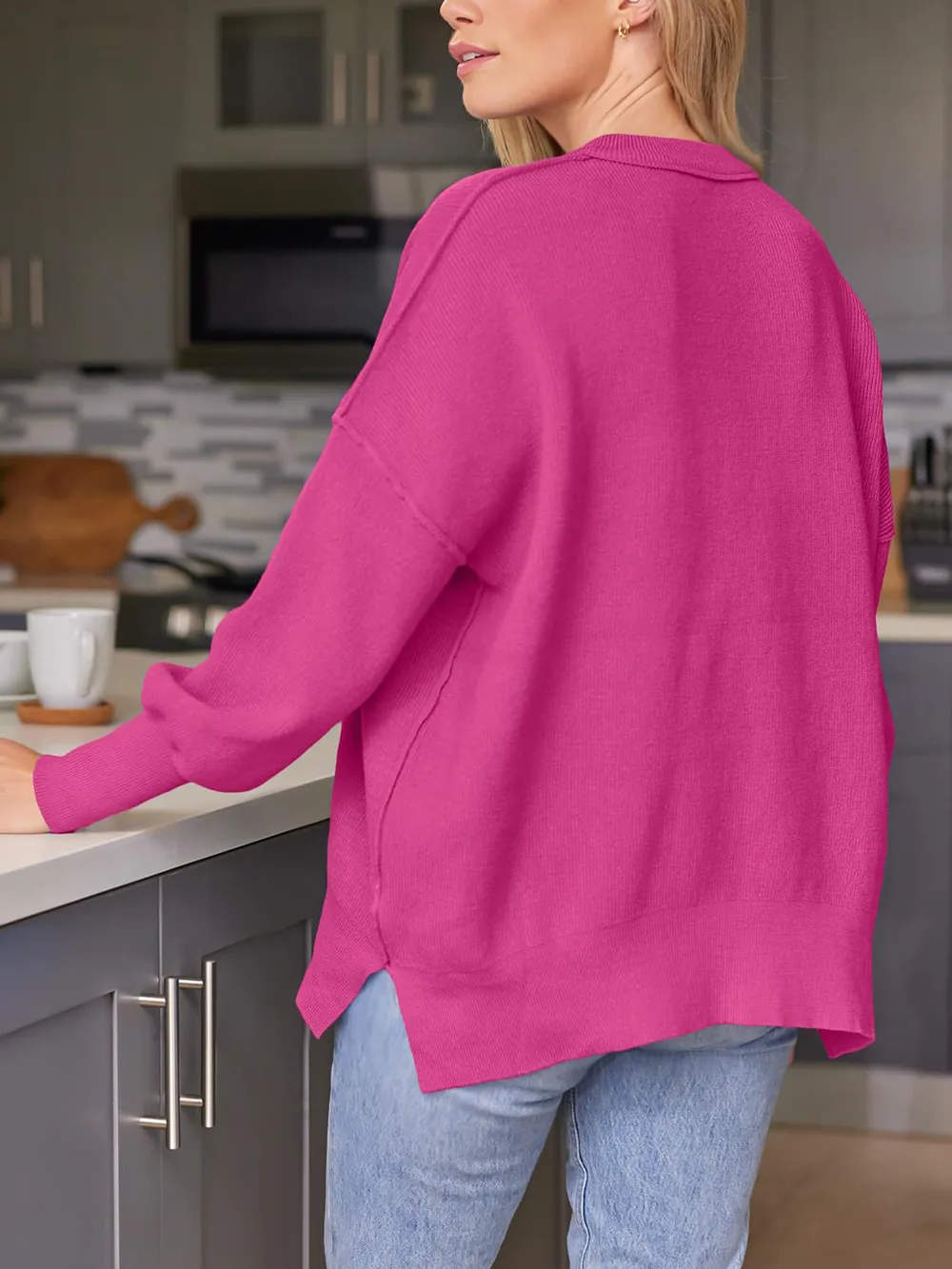 Slit Round Neck Dropped Shoulder Sweater, image 33