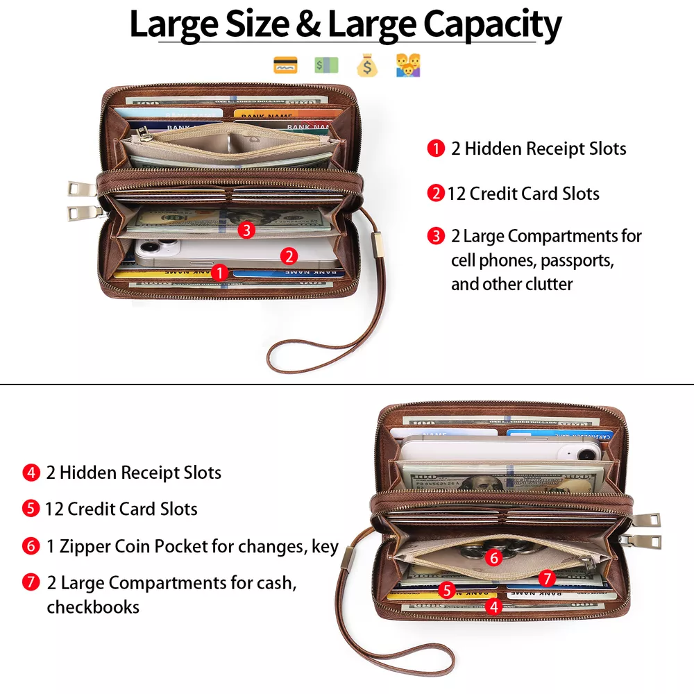 Vintage Style Double Zipper Leather Wallet, image 4