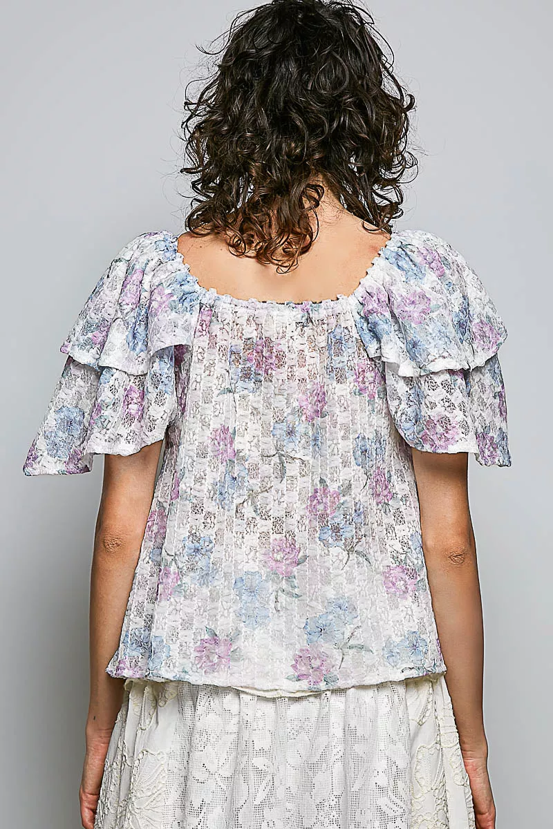 POL Lace Detail Floral Tie Front Ruffle Short Sleeve Blouse, image 3