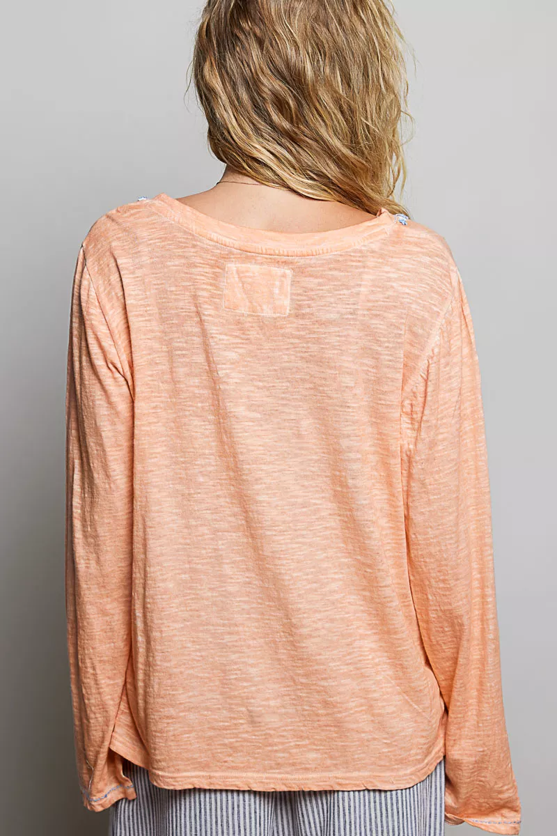 POL Contrast Stitch V-Neck Lightweight Knit Long Sleeve Top, image 3
