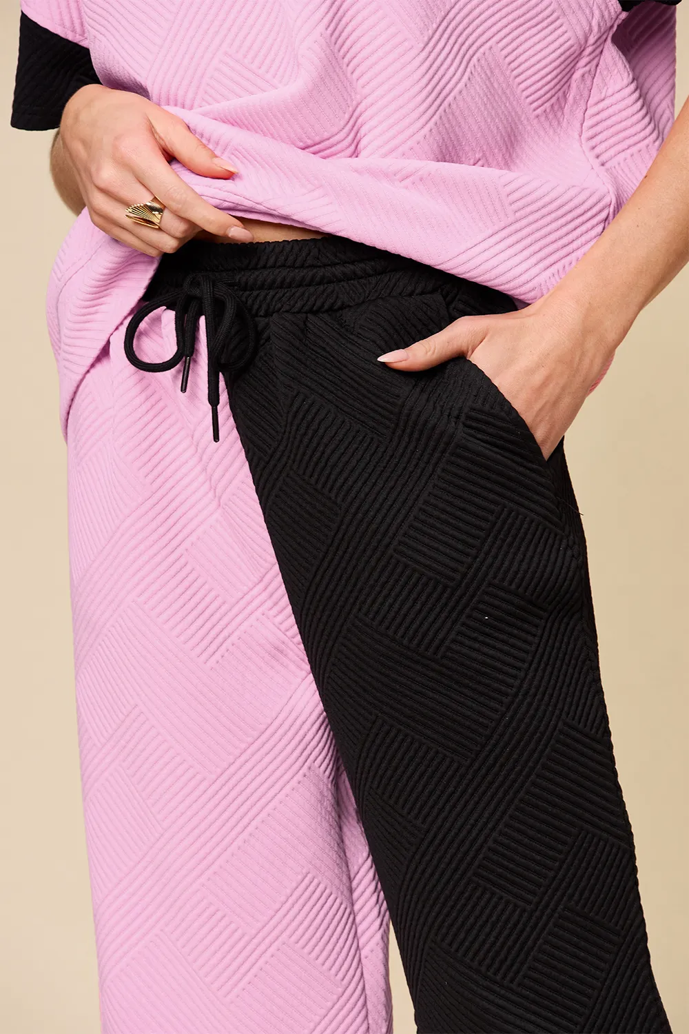 Full Size Texture Contrast T-Shirt and Wide Leg Pants Set, image 23