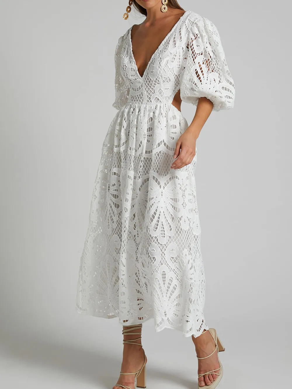 Cutout Back Lace Crochet V-Neck Dress, image 21