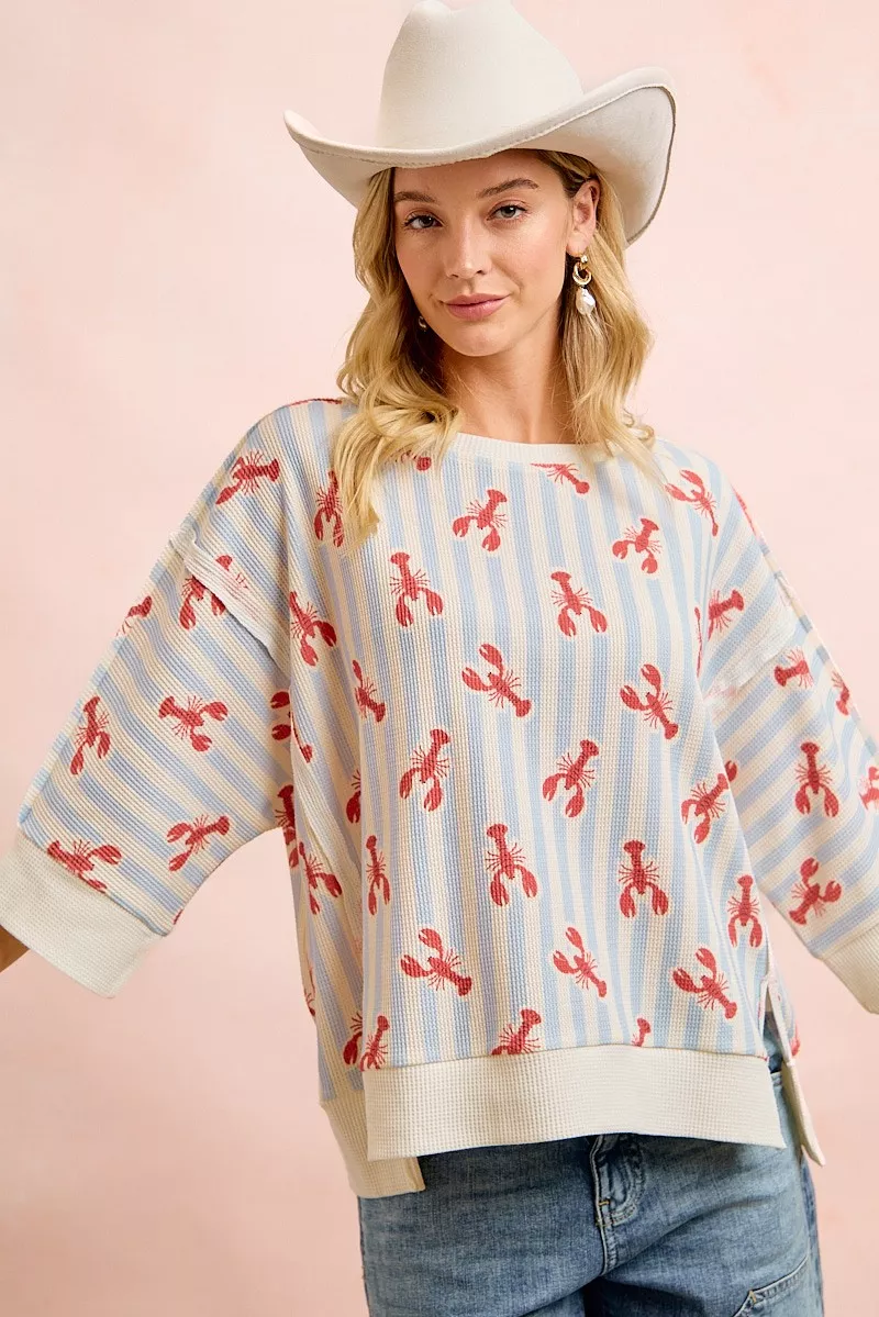 4th Of July Lobsters Stripe Waffle Knit Sleeve Top, image 5