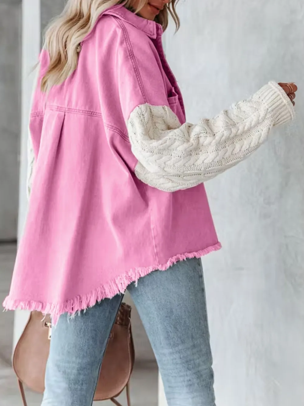 Full Size Raw Hem Button Up Patchwork Denim Jacket Plus Size, image 7