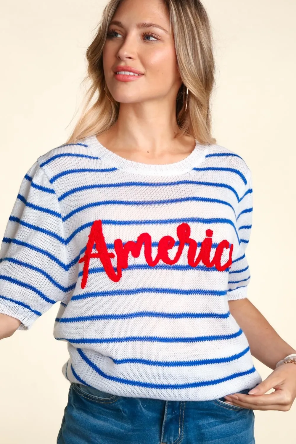 Letter Embroidery Striped Knit Top, image 3