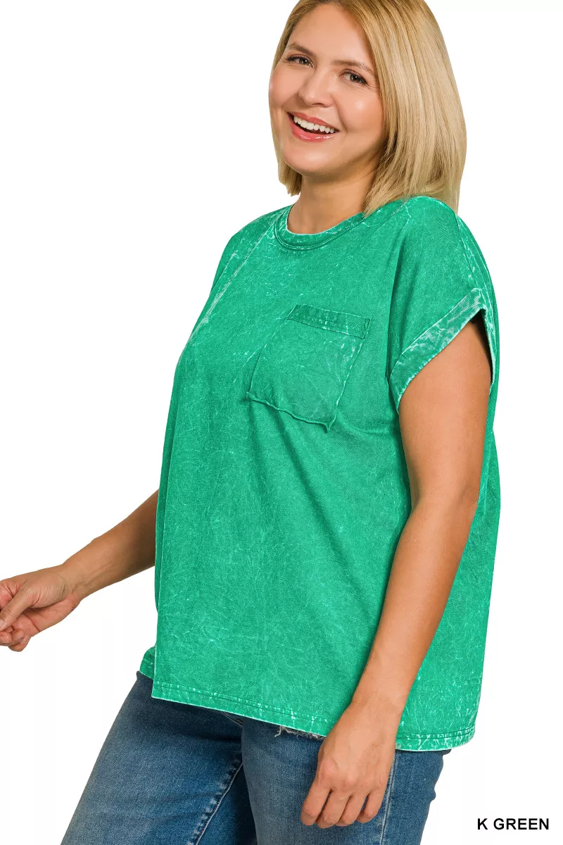 Full Size Crinkle Washed Round Neck Folded Short Sleeve Tee Plus Size, image 3